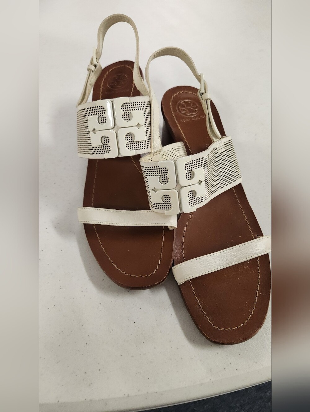 Tory Burch Lowell 2 Ivory Perforated Leather Logo Sandals